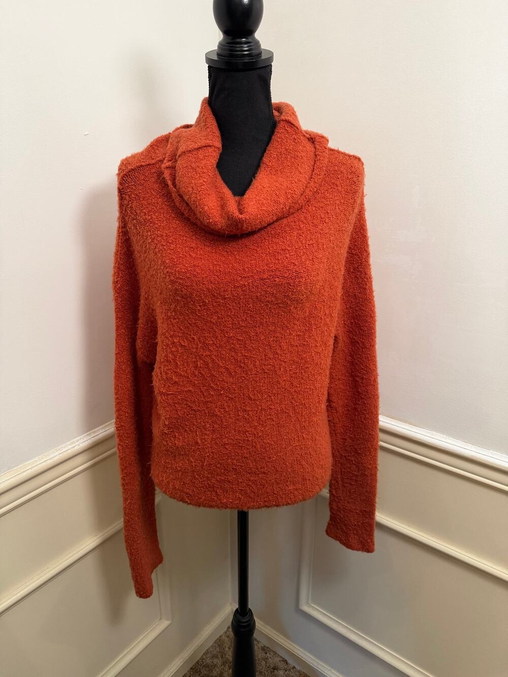 Free People Stormy Cowl Neck Bouclé Pullover Slouchy Sweater Terracotta Rust